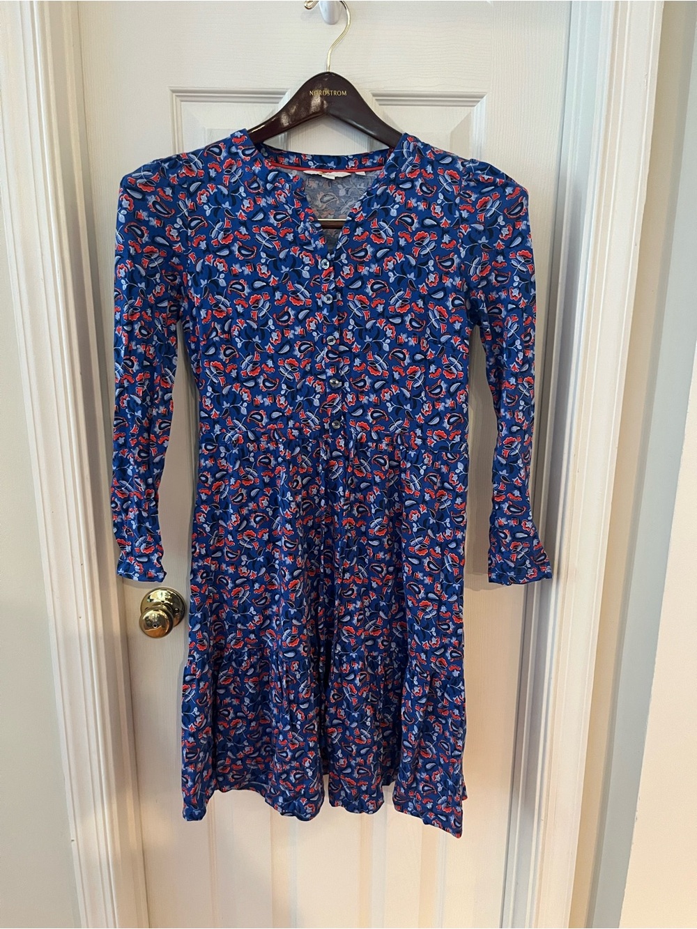 Boden Blue Floral Long-Sleeve Dress with Red Accents
